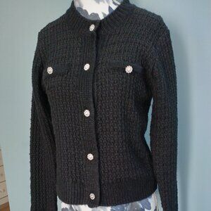 Cardigan Black Textured-Knit Cotton Blend with Bling Buttons, new XS